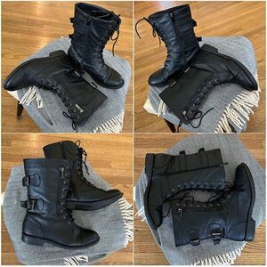Top Moda Black Faux Leather Buckled Lace Up Mid Calf Combat Boots Zipper Accents